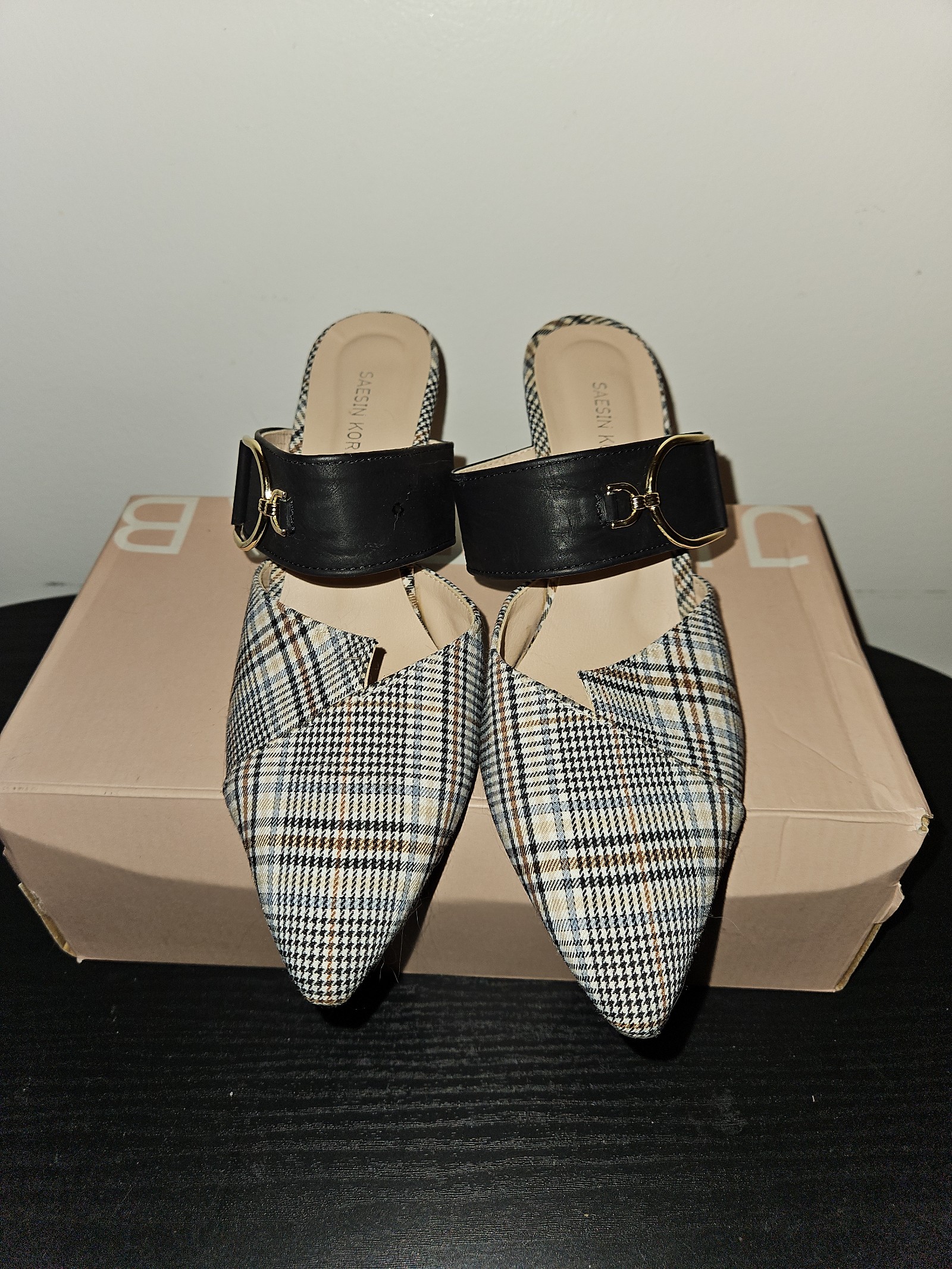 Saesin Korea Plaid Pointed Toe Mules (black, navy, brown, beige, gold metal)