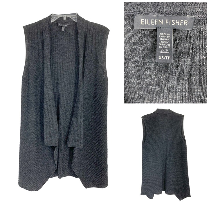 Eileen Fisher Sz XS Ribbed Merino Wool Knit Waistcoat Vest Charcoal F17FNR
