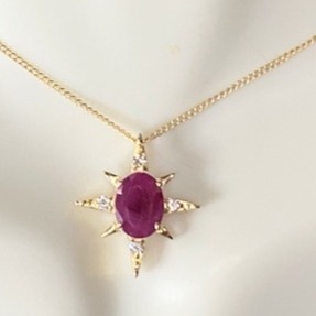 14K 1.21 ct oval Ruby Diamond Star Pendant in 18K cable necklace 2.4g 15 JR8510