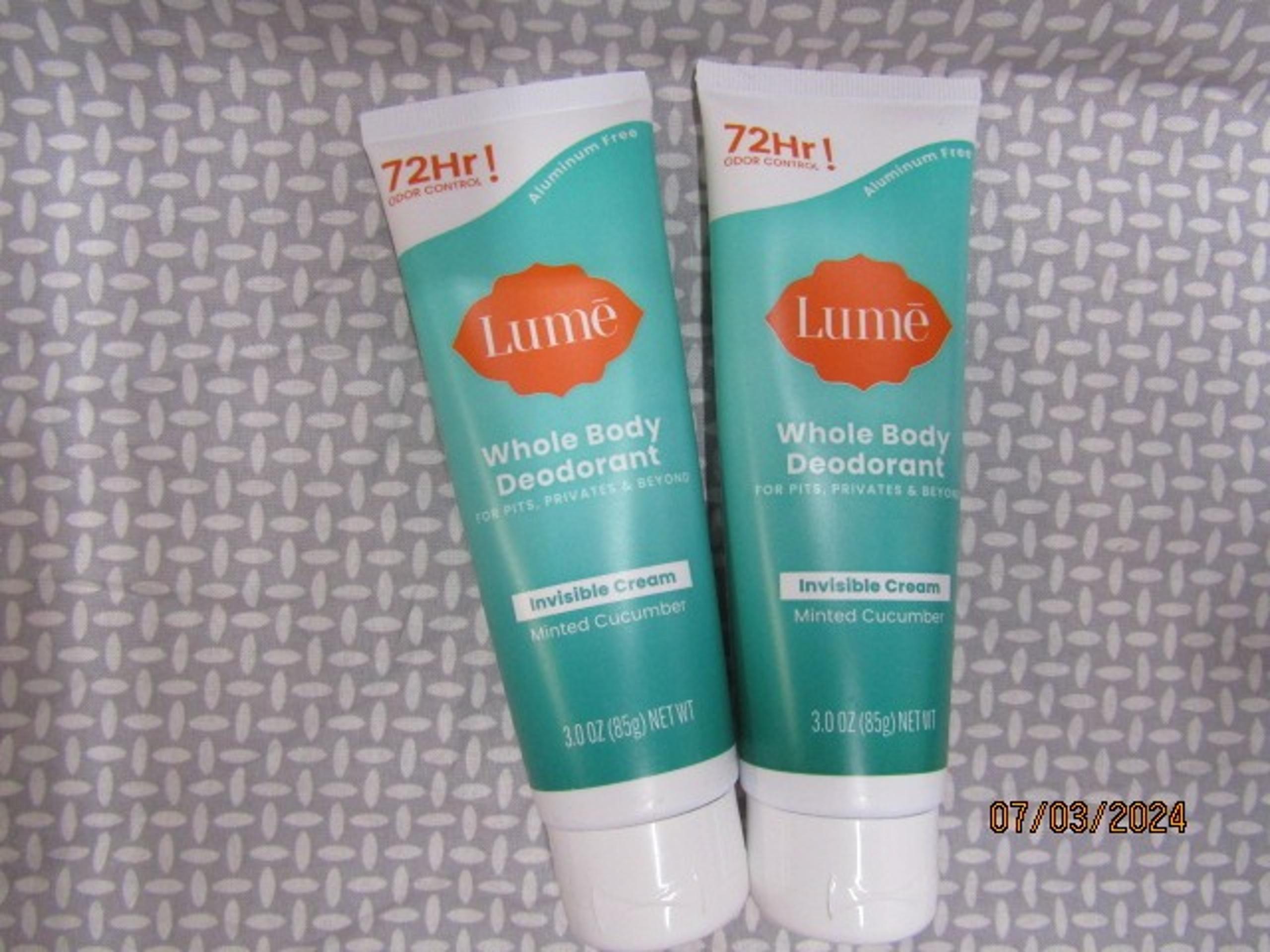 LUME~LOT OF 2~WHOLE BODY DEODORANT~INVISIBLE CREAM~MINTED CUCUMBER 3 OZ EACH 153