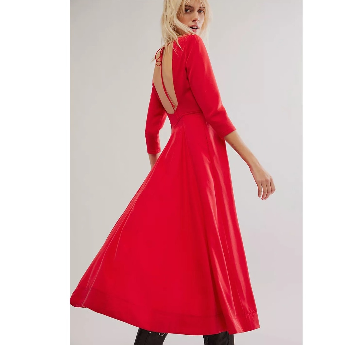 New Free People Elsie Midi Dress 198 SMALL Red Fit-and-Flare Open Back