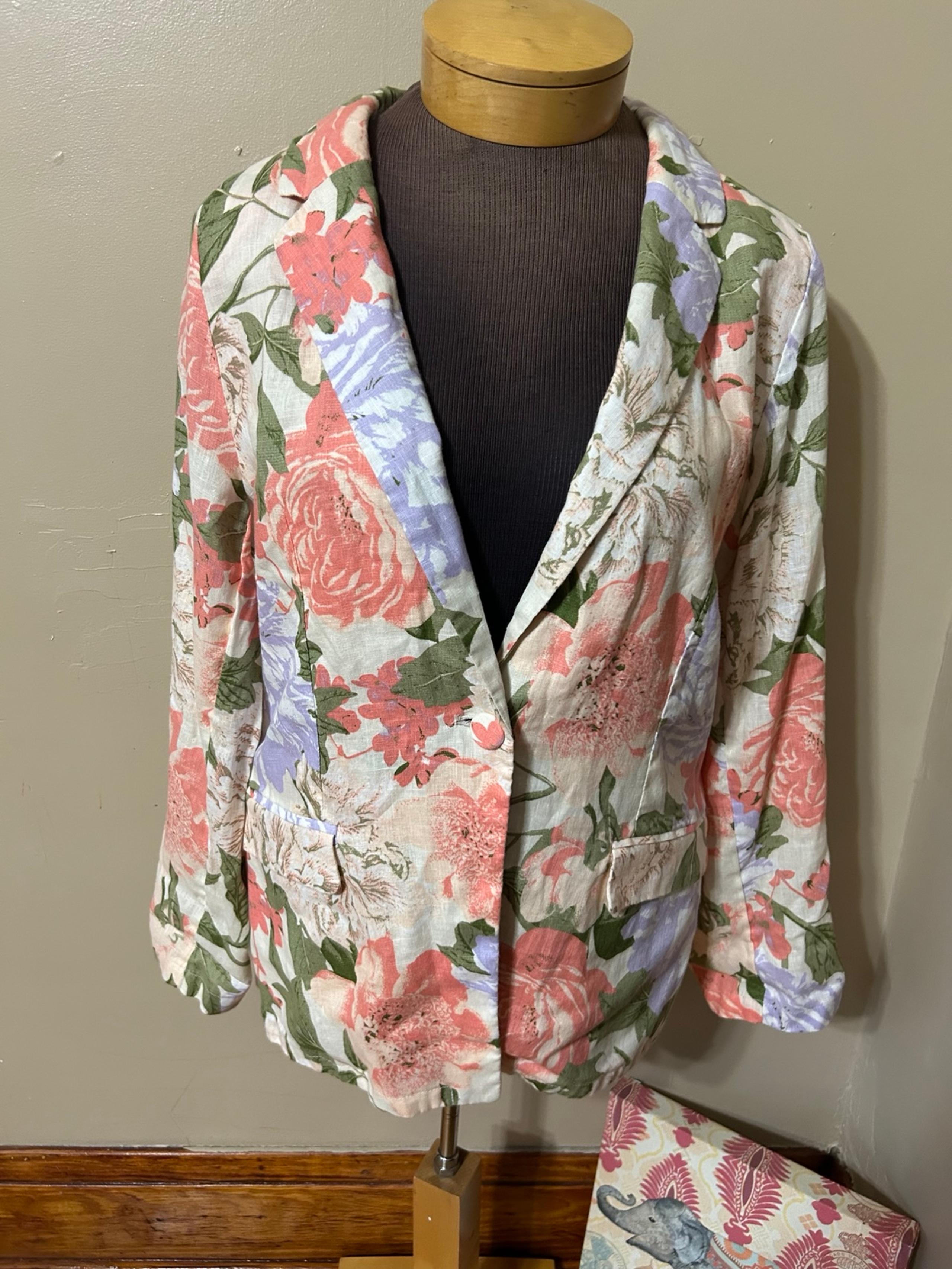 Joie Women Large Cream Coral Lilac Floral 100% Linen Blazer Summer Jacket