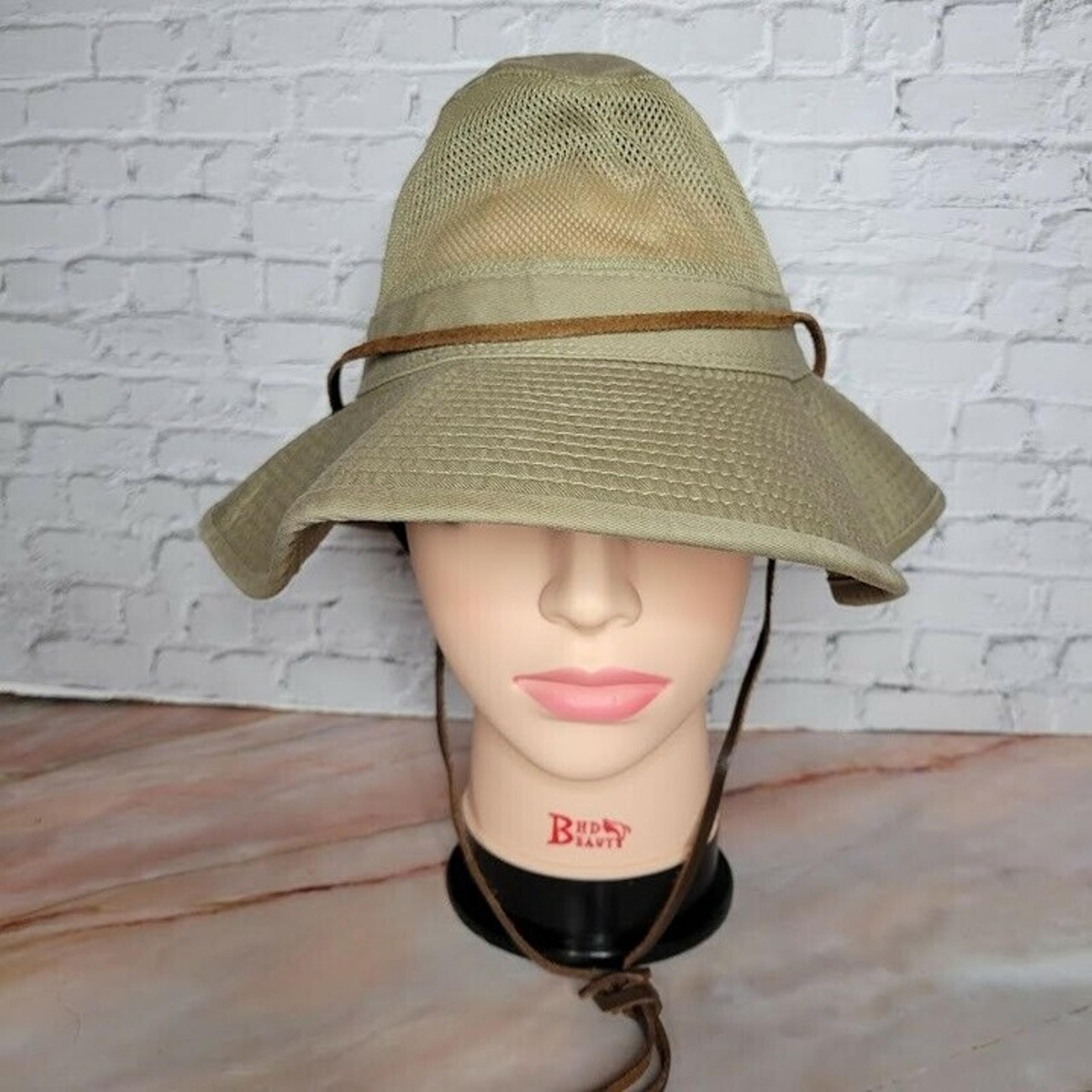 Dorfman Pacific Safari Hat Cotton Twill Mesh Leather Chin Cord Womens Size M Tan