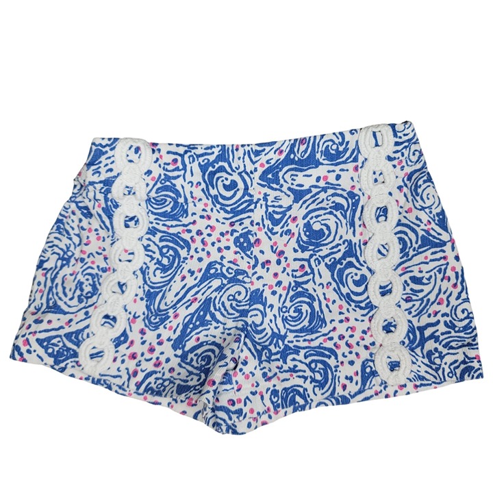 Lilly Pulitzer Girls' Printed Shorts With Crochet Trim Size 5 blue & Pink Swirl