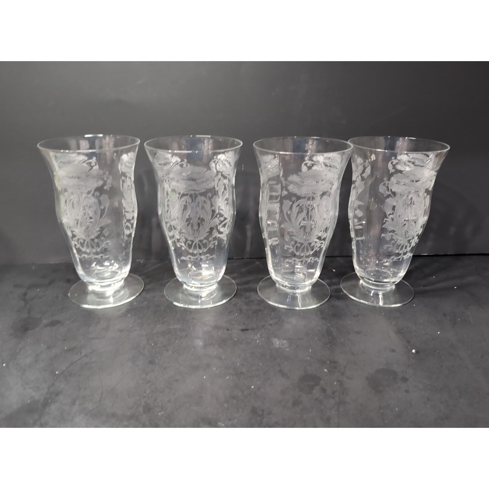 Tiffin Franciscan Flanders Clear Footed Glasses, Uranium Optic, Vintage Set of 4