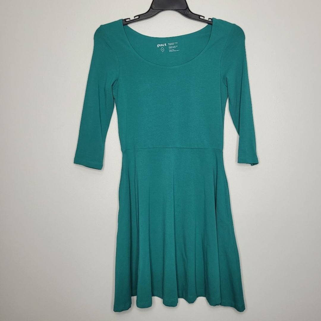 Pact Teal Green Fit and Flare Pockets Organic Cotton 3/4 Sleeve Dress Size small