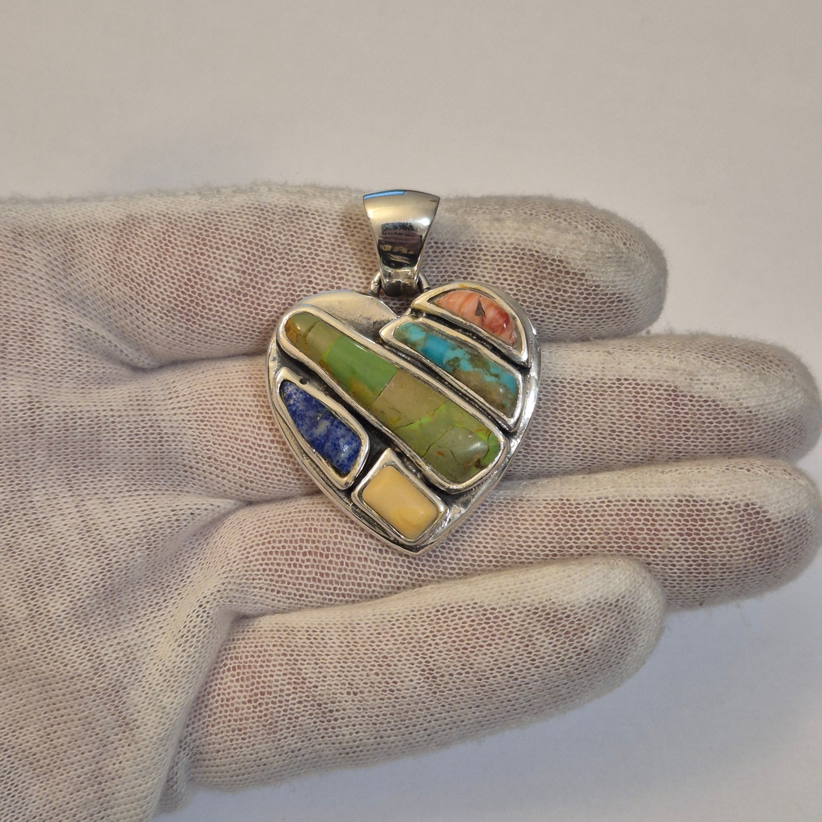 WOW Vintage Large Heavy Sterling Silver Heart Pendant with Multi-Stone Inlay
