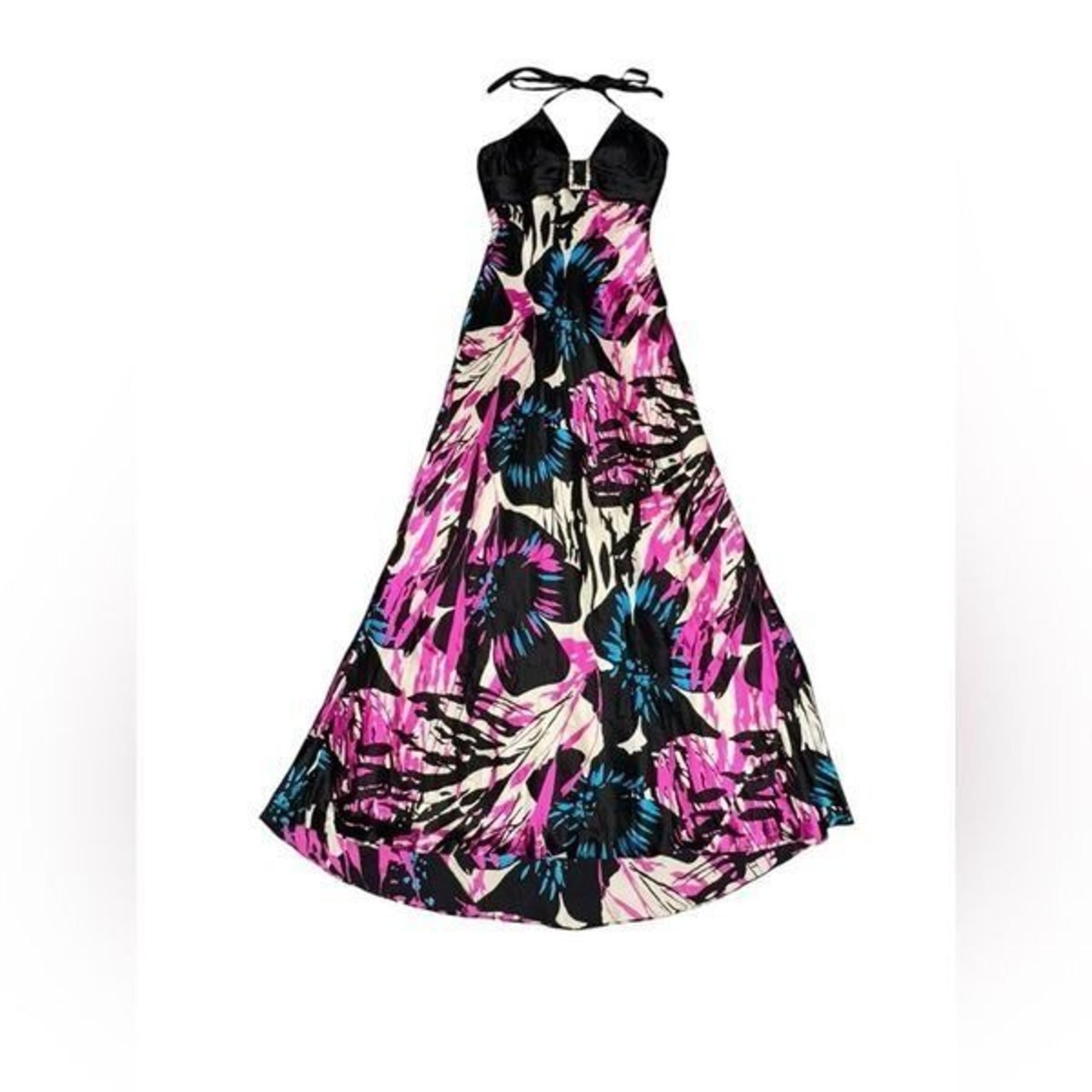women’s CACHE colorful floral v neck halter fit & flare SILK maxi gown size 6