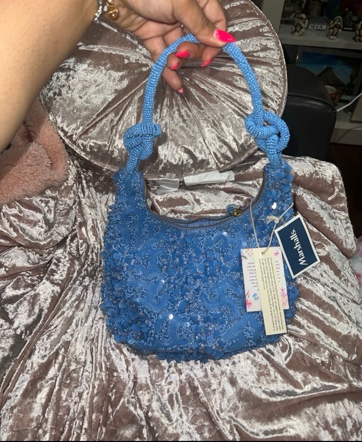 NWT Viral Blue Beaded Bag with Knot Tie Strap, Handcrafted in India