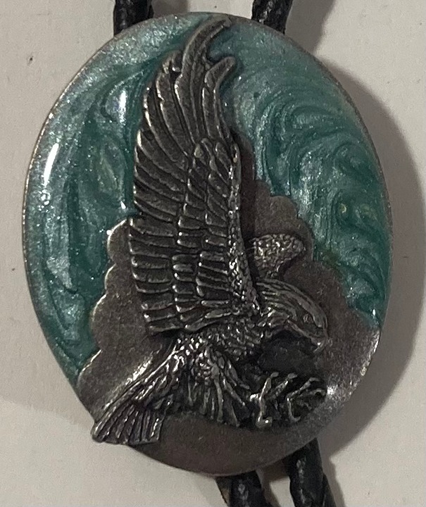 Vintage 1987 Metal Bolo Tie, Nice Eagle Design with Green Enamel, Nice Western