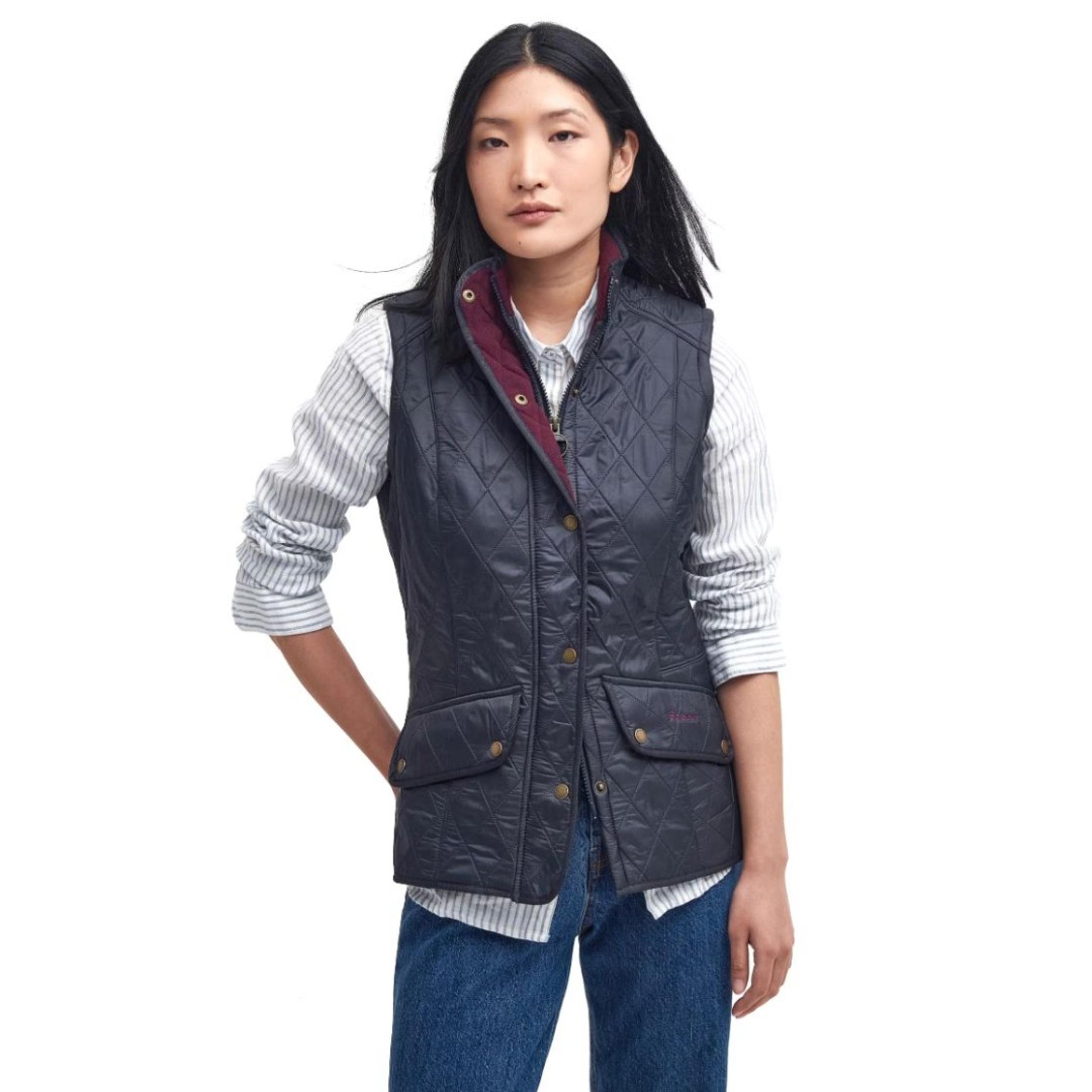 Barbour Womens Cavalry Gilet Fleece Lined Quilted Outdoor Vest Navy Merlot Sz 6