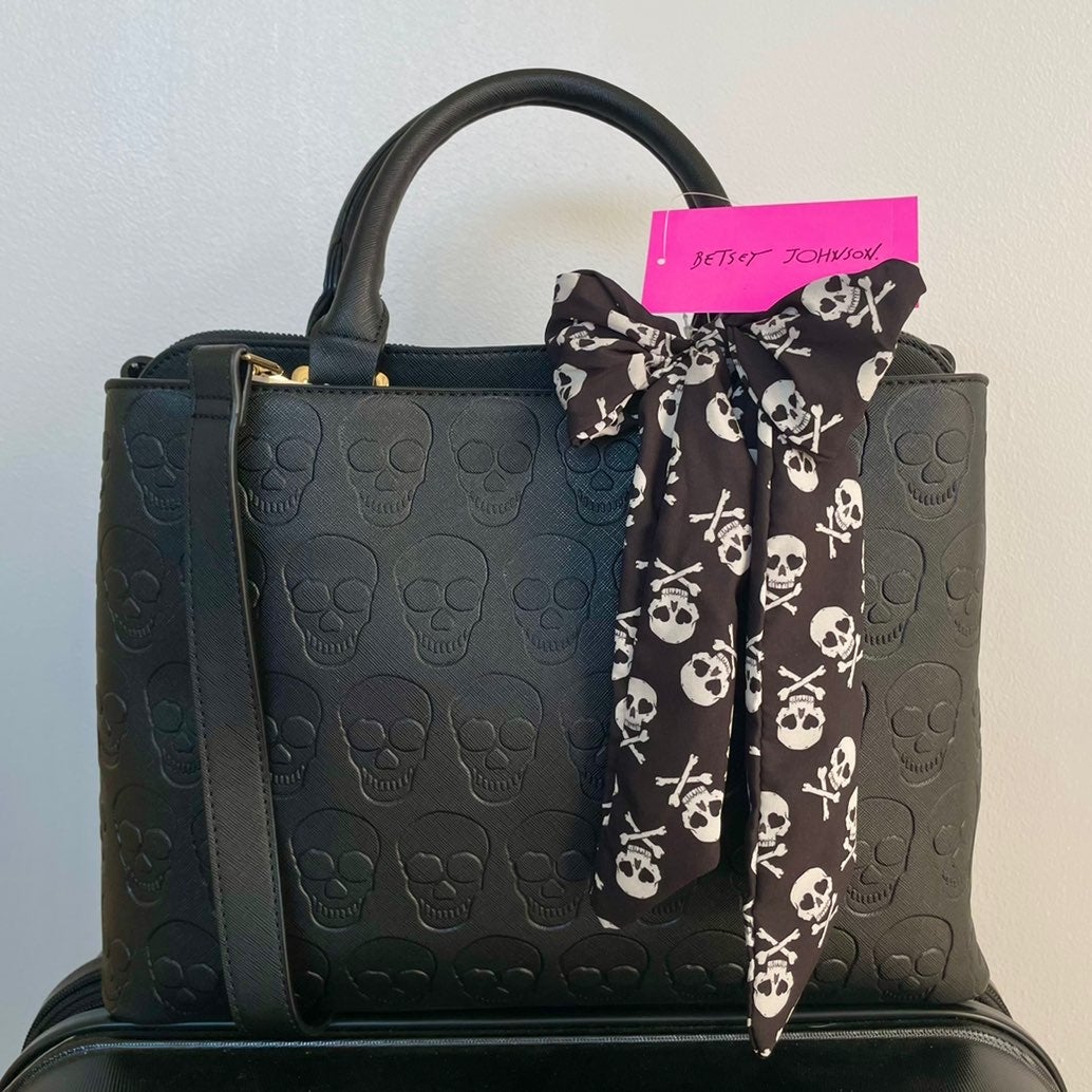 Betsey Johnson Black Embossed Skull Purse with Skull & Crossbones Fabric Bow
