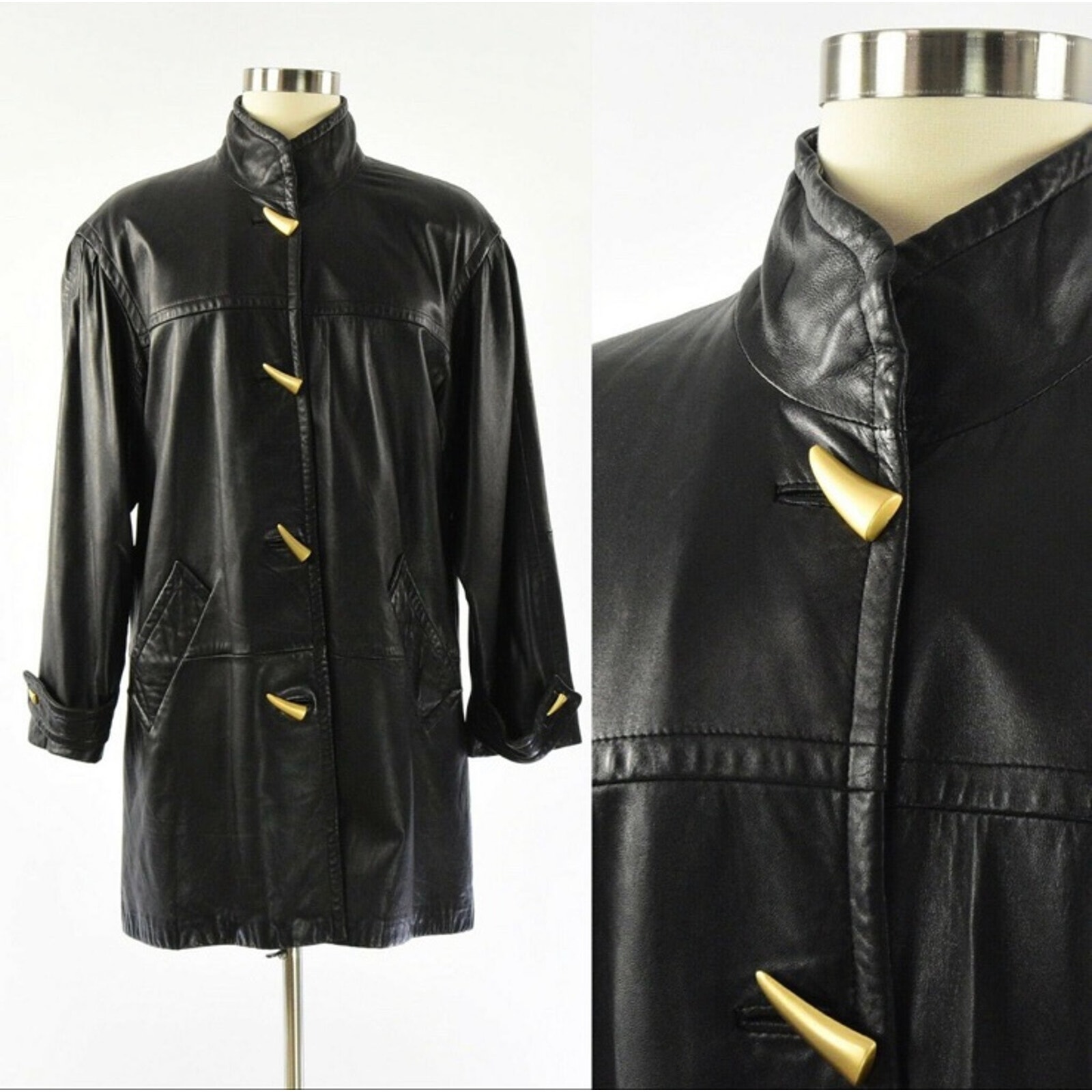 90s Worthington Butter Soft Black Leather Car Coat, Gold Claw button size Medium