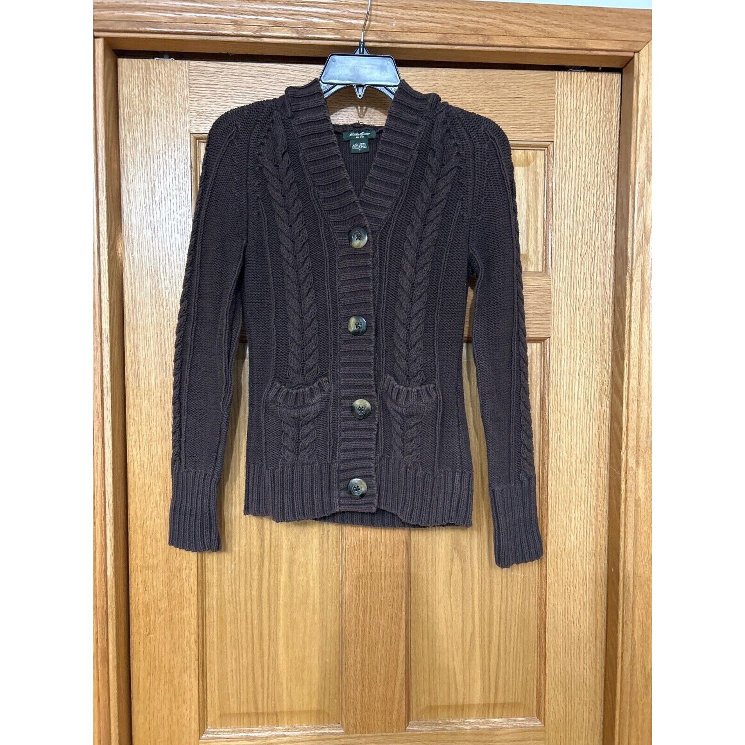 Eddie Bauer Sweater Cable Knit Small Brown Hooded Womens sz small