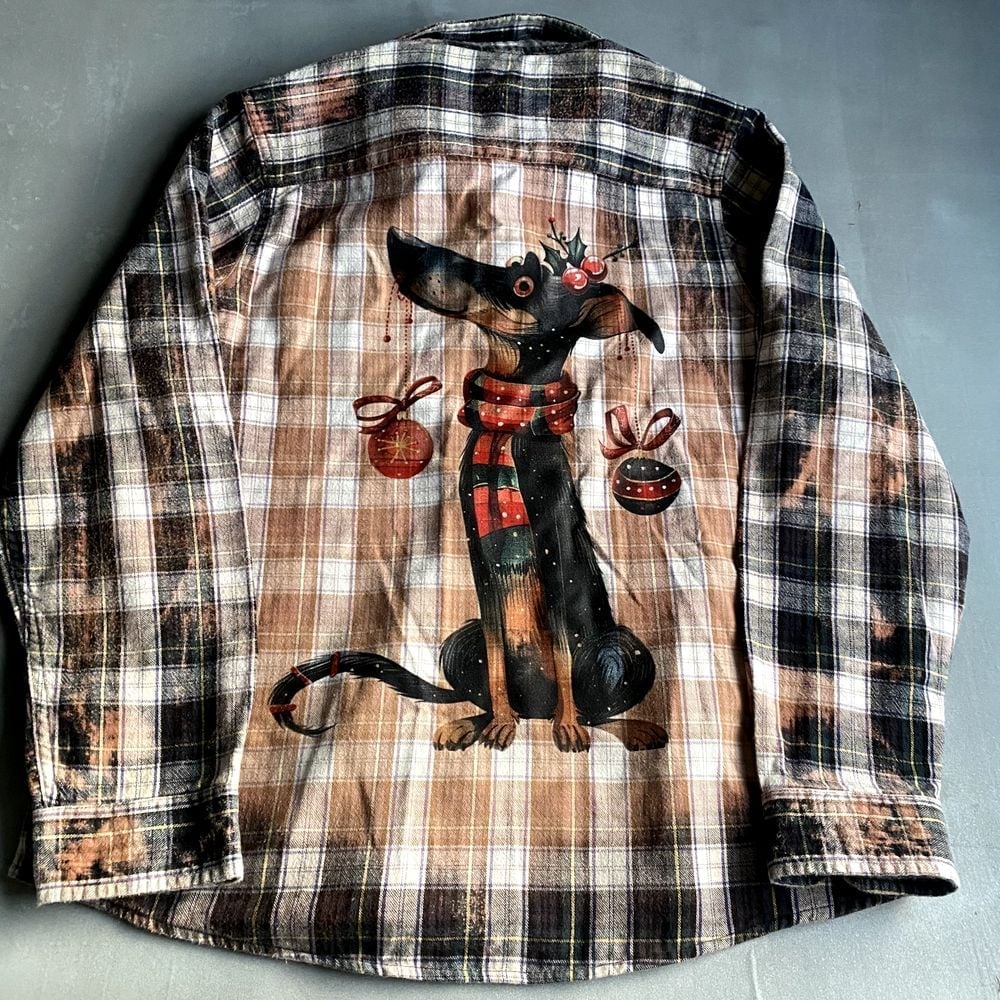 Bleached Flannel Shirt Womens Small Relaxed Dog Christmas Cute Custom Made