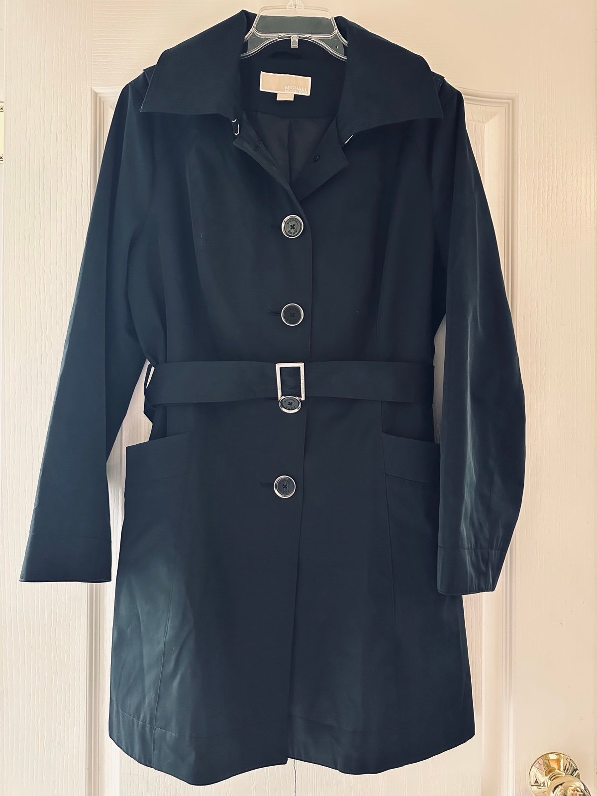 Michael Kors Belted Water Resistant Trench Coat with Removable Hood Large Black