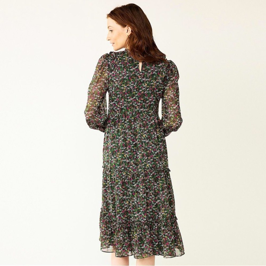 Draper James RSVP Women's Green Tiered Floral Print Ruffled Midi Dress Size XL