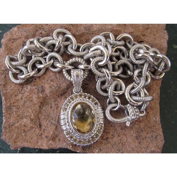925 Sterling Judith Ripka Citrine Pendant on Heavy link Necklace