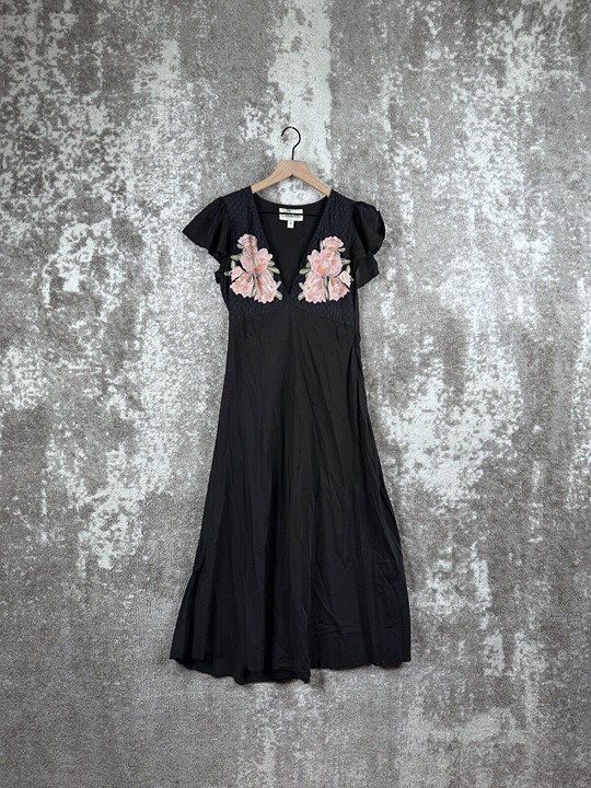 Cleobella Dress Small Womens Black Maxi Embroidered Deep V Neck Flutter Sleeve