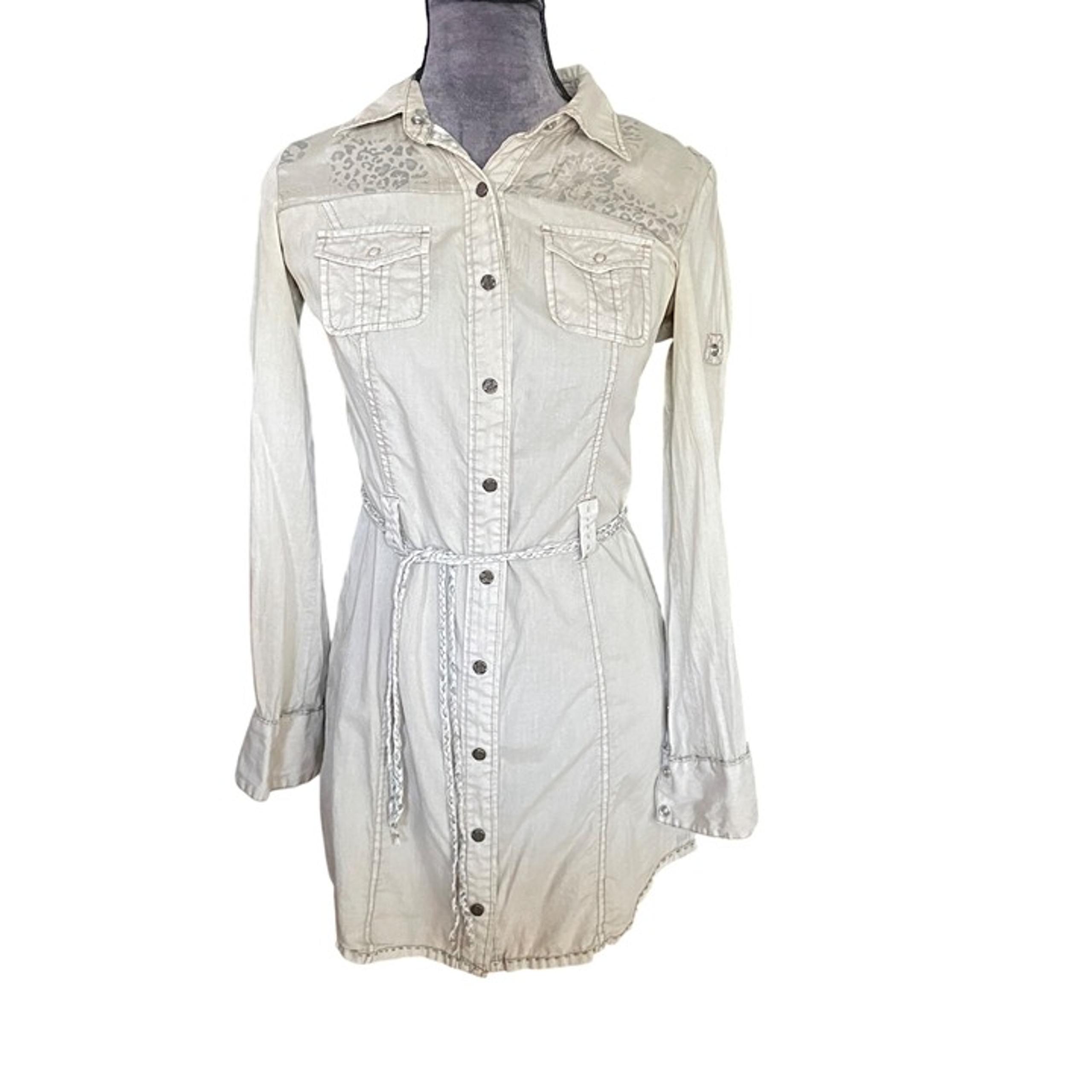 Guess Jeans Womens Beige Shirt Dress With Floral & Leopard Print Accents Button-