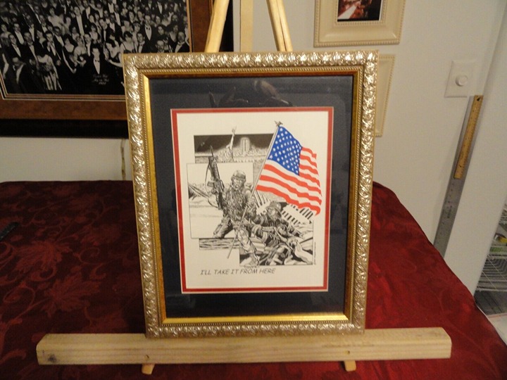sz13x16 911 NEVER FORGET MILITARY FIRE FIGHTER SKETCH MATTED FRAMED LD 2695