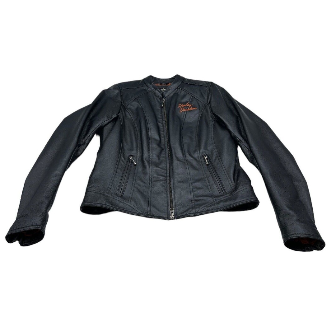 Genuine Harley Davidson Ladies Leather Jacket Black- Orange Size S