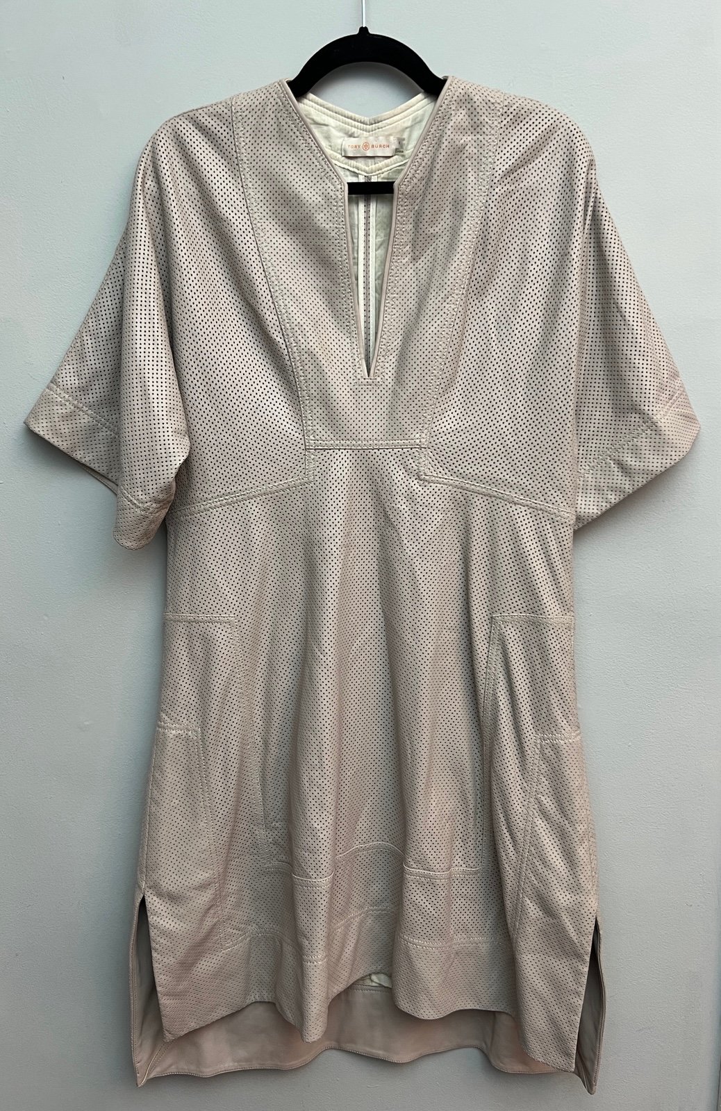 Tory Burch Sasha Kimono Dress Tan Perforated 100% Leather Cinch Back, Size 4
