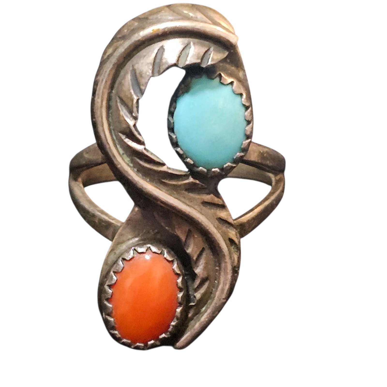 Vintage Old Pawn Navajo Sterling Silver And Turquoise And Coral Ring  Size 8