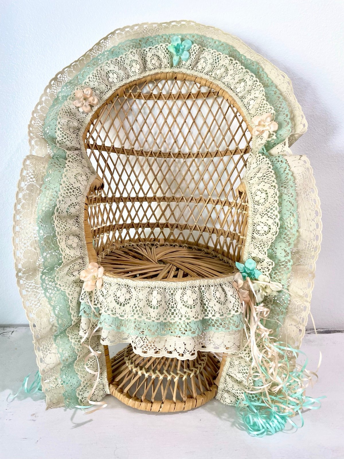 Wicker Peacock Chair Doll Stuffed Animal Size Woth Lace & Ribbon