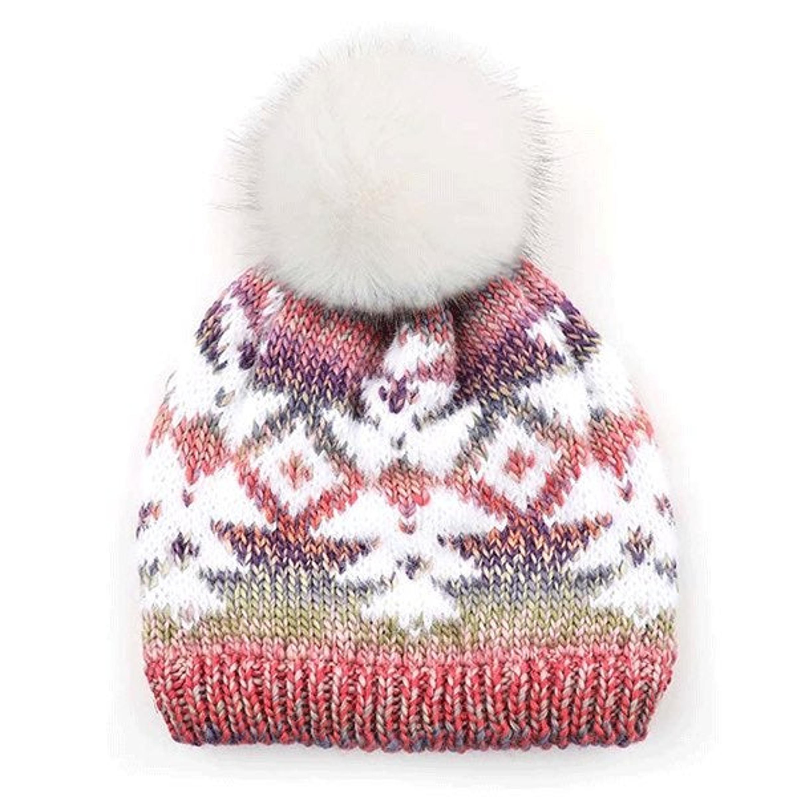 Aztec pattern ombre color pink accent beanie with faux fur ivory pom. - CCB Collection
