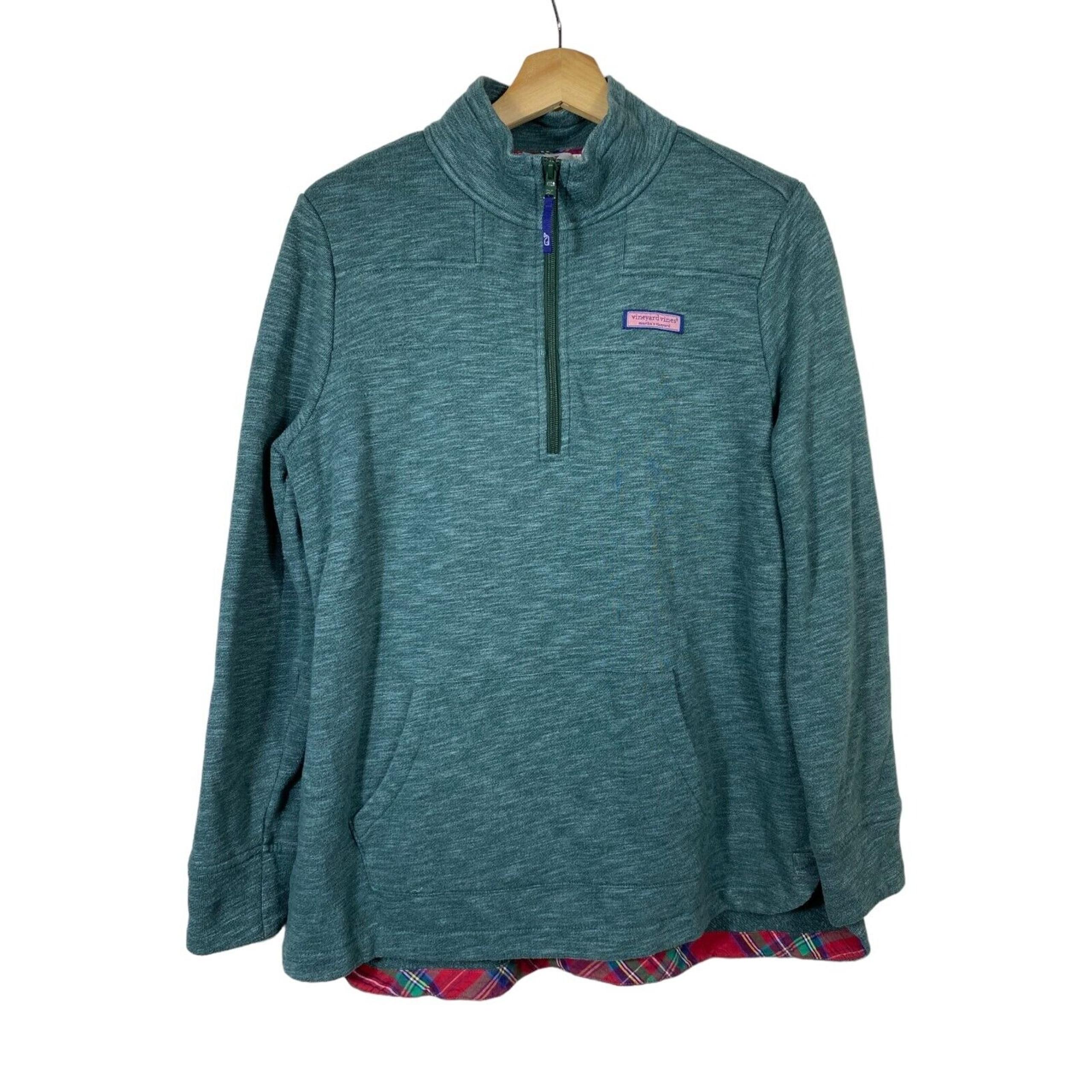 Vineyard Vines Women 1/4 Zip Mock NeckSweater Sz S Green Plaid Hem Oversized