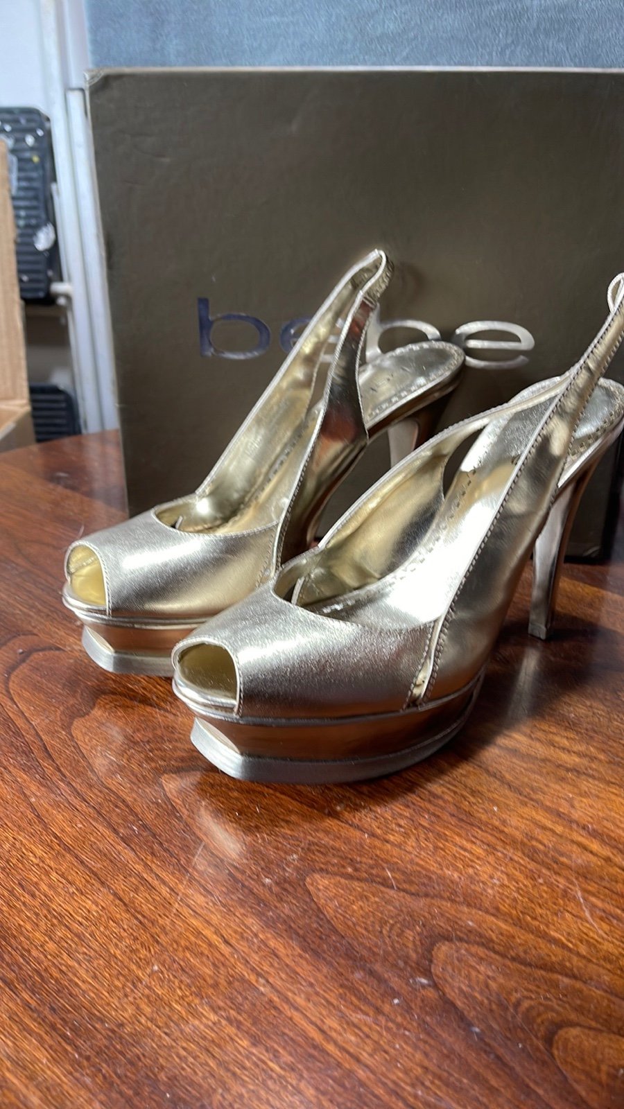 Bebe Zahara, gold, open toe sling back platform stilettos, size 8, gently used,