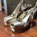 Bebe Zahara, gold, open toe sling back platform stilettos, size 8, gently used,