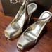 Bebe Zahara, gold, open toe sling back platform stilettos, size 8, gently used,