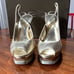 Bebe Zahara, gold, open toe sling back platform stilettos, size 8, gently used,