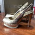 Bebe Zahara, gold, open toe sling back platform stilettos, size 8, gently used,