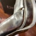 Bebe Zahara, gold, open toe sling back platform stilettos, size 8, gently used,