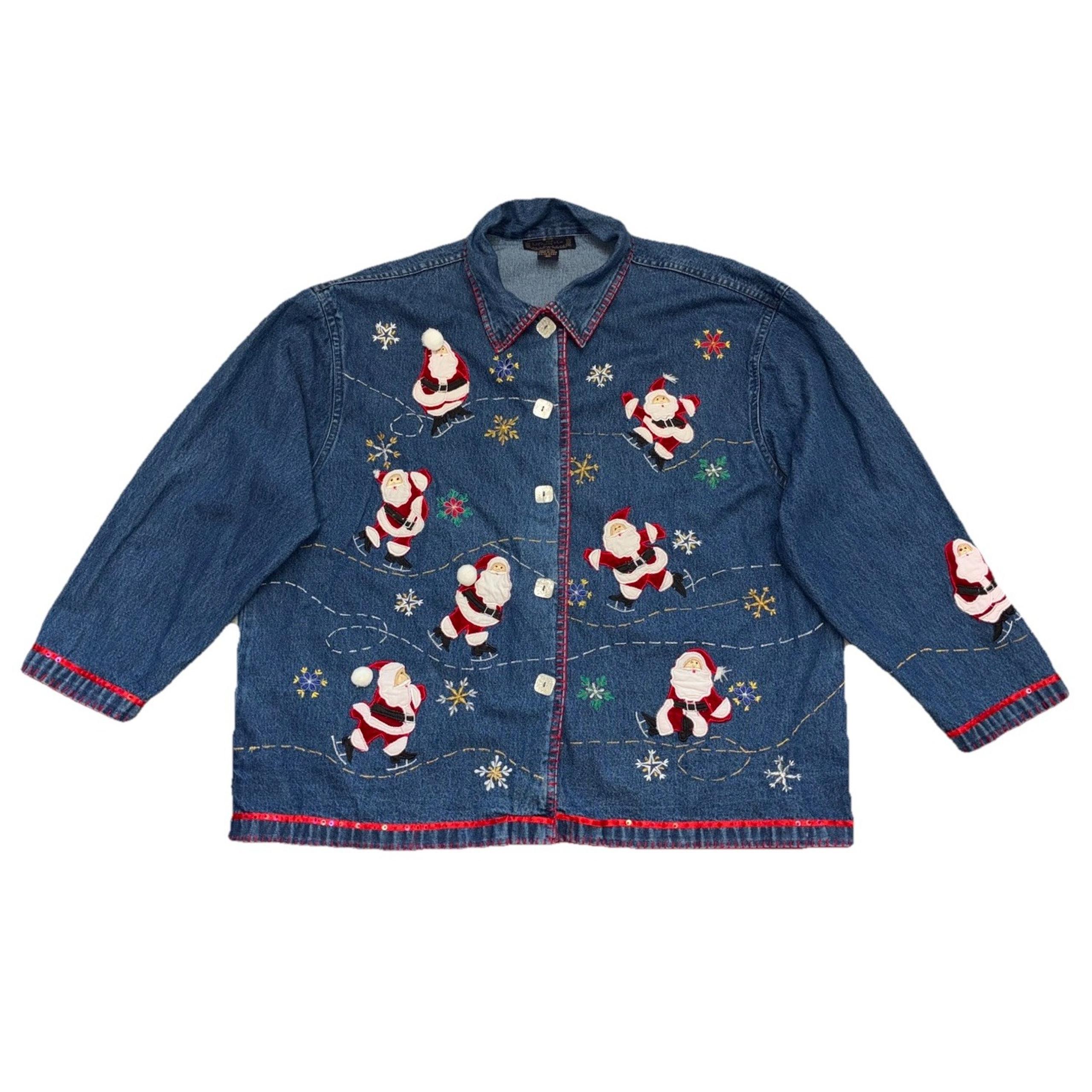 Vtg Life Style Denim Jacket Women's 3X Blue Embroidered Shacket Santa Christmas