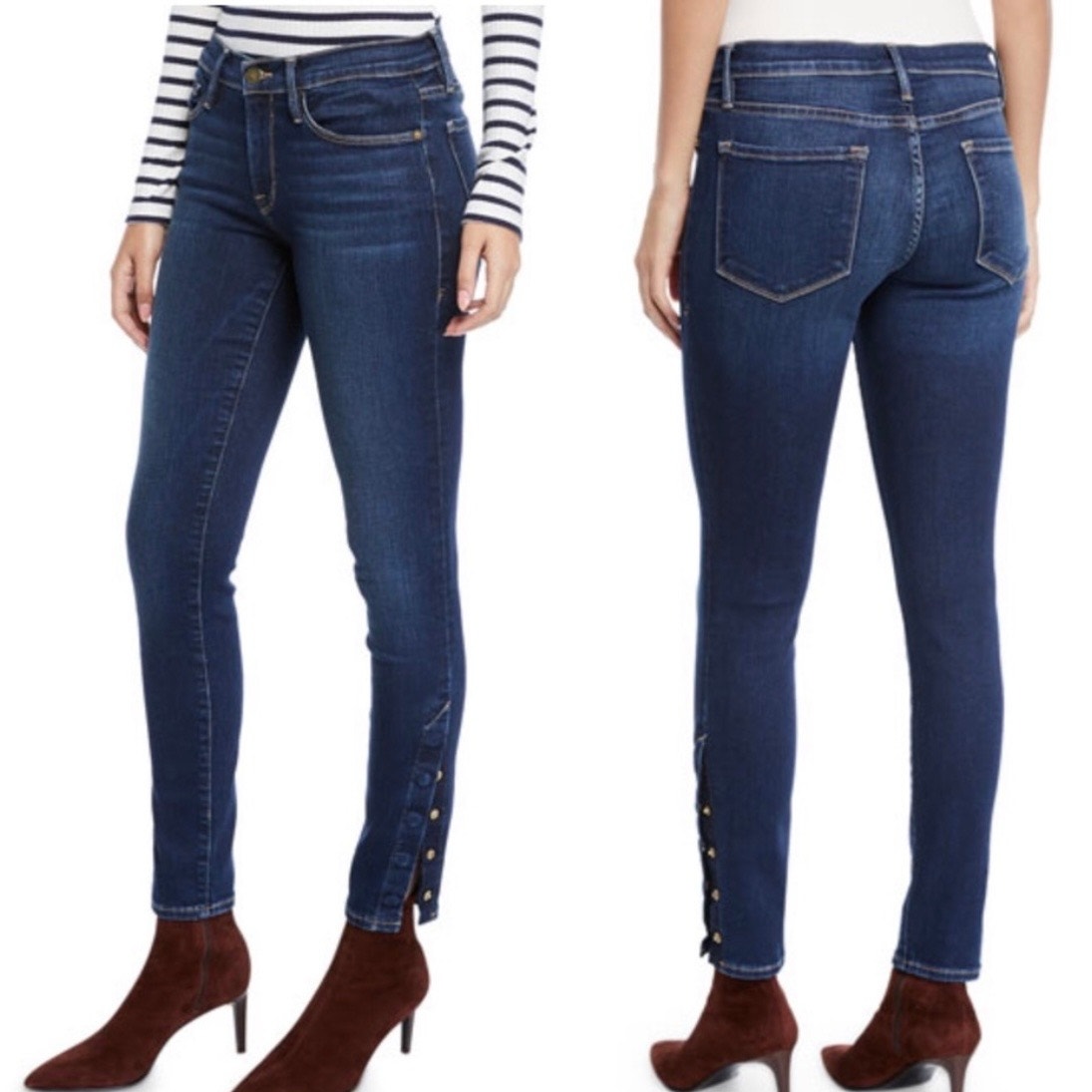 FRAME Jeans Blue Le Skinny de Jeanne Raw Hem Snap Ankle Dark Martha Denim 25