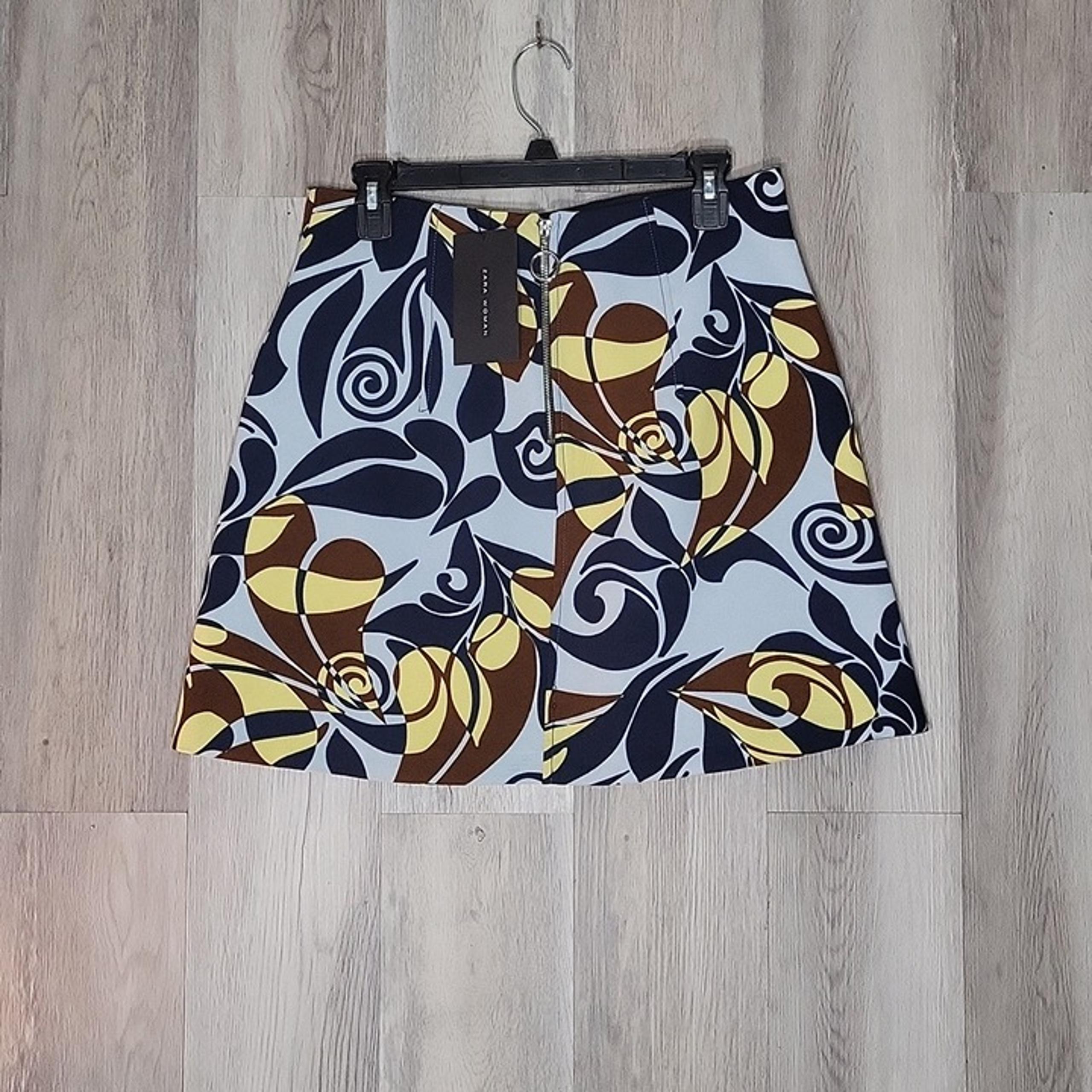 Zara Woman Blue Yellow Brown Abstract Floral Back Zip A Line Skirt Womens Large