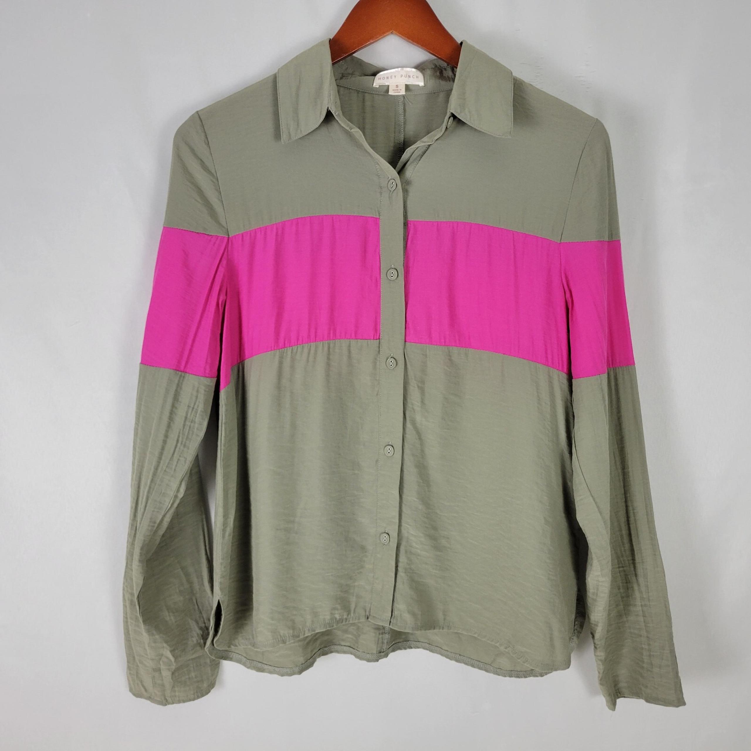 Honey Punch Shirt Womens Small Top Wide Pink Stripe Long Sleeve Collar Button Up