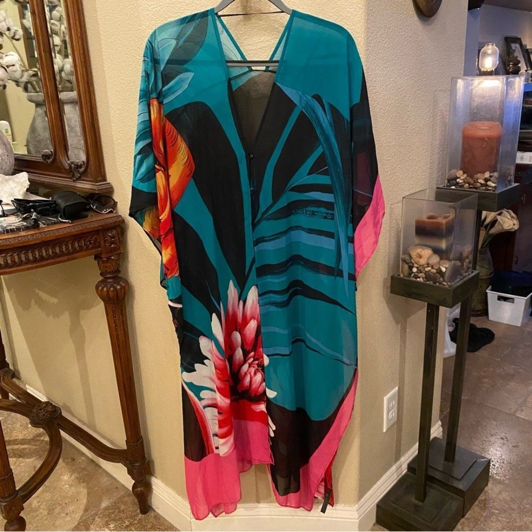 H&M Women Colorful Floral Sheer Maxi Kaftan One Size