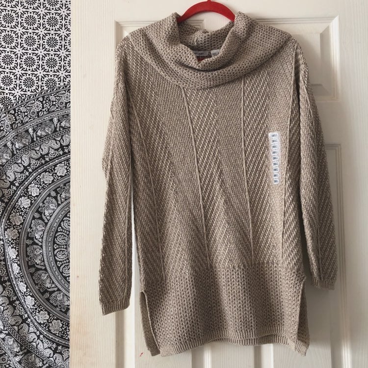 Beige Taupe Knit Sweater w/ Cowl Neck