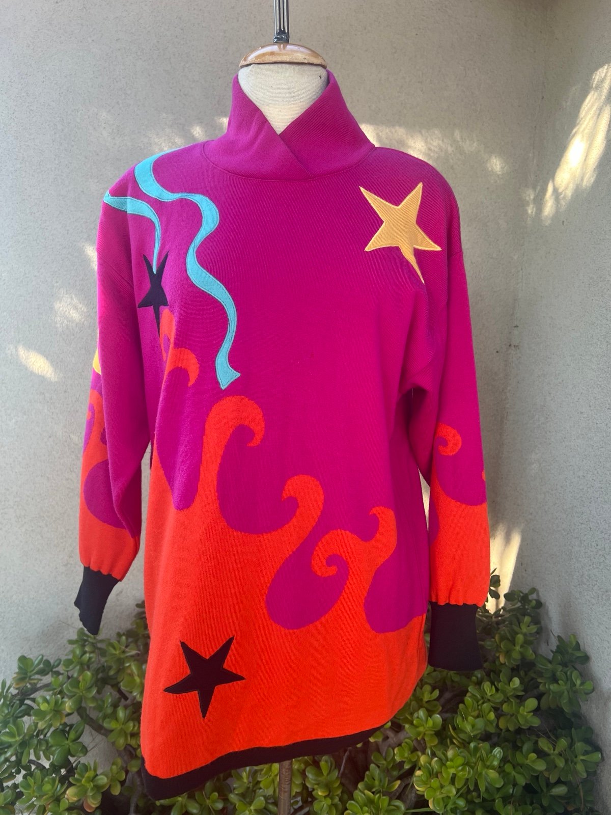 Vintage new wave pullover top wool neon colors Abstract print Medium 38