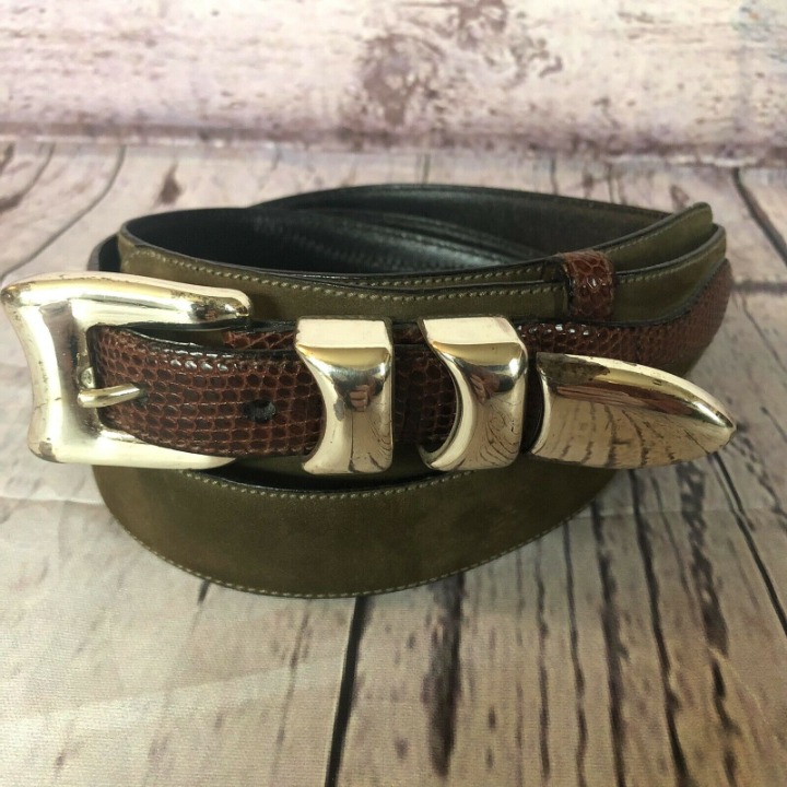 CALE Genuine Lizard Belt Mens -Spain- Green/ Brown Reptile Skin M-2459-3-44