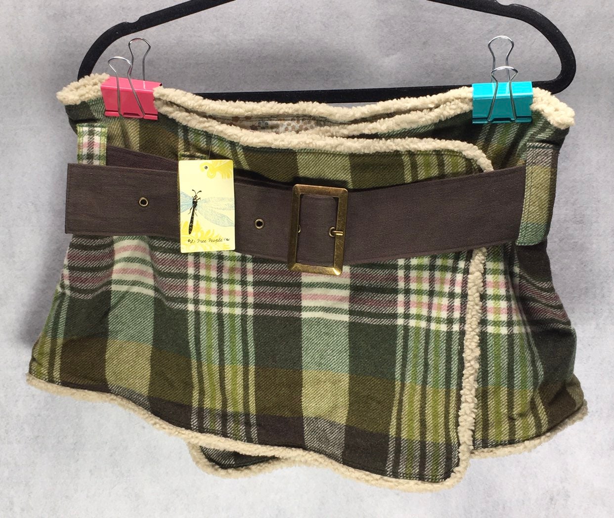 NWT Free People Olive Wool Blend Plaid Skirt Women's 12 Reversible Floral w Belt