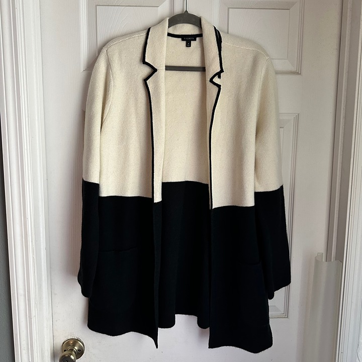 Talbots Milano Stitch Black and White Open Front Sweater Jacket Size M