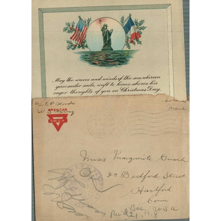 WWI Christmas Greeting Card From Gassed Soldier YMCA AEF Statue Of Liberty