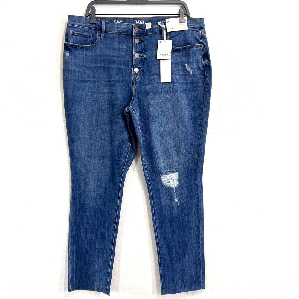 a.n.a Jeans Womens 18 High Rise Skinny Leg Raw Hem Blue Button Fly Distressed