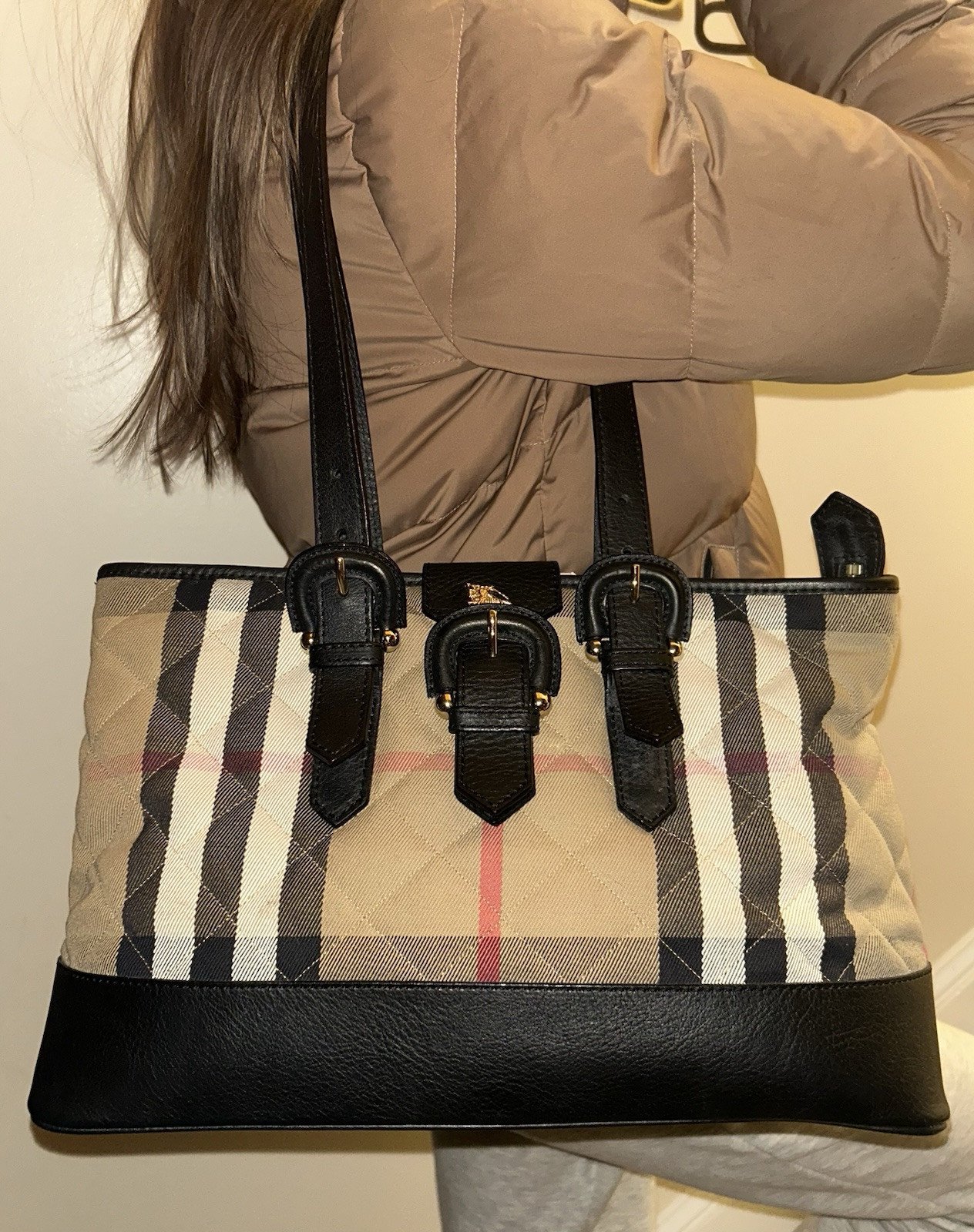 BURBERRY House Check Quilted Canvas Leather Tote Bag Brown